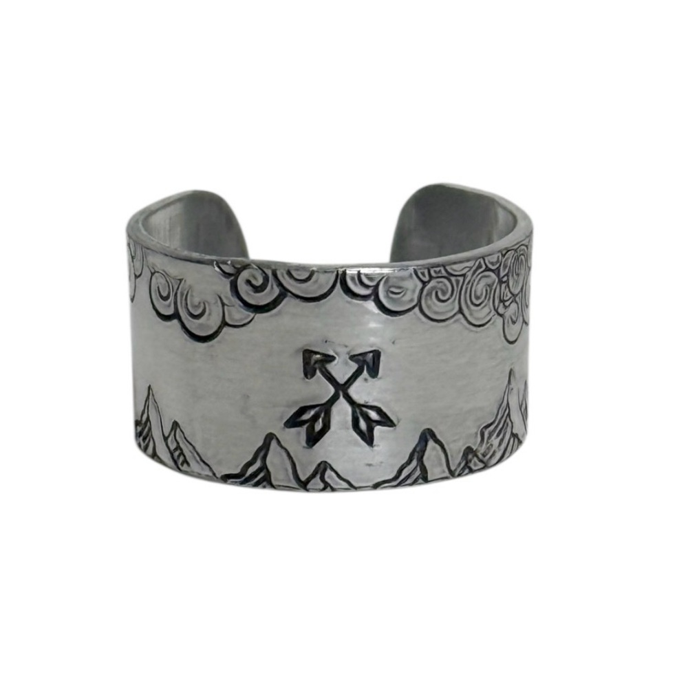 Handmade stamped nature silver tone‎ hypoallergenic adjustable cuff ring